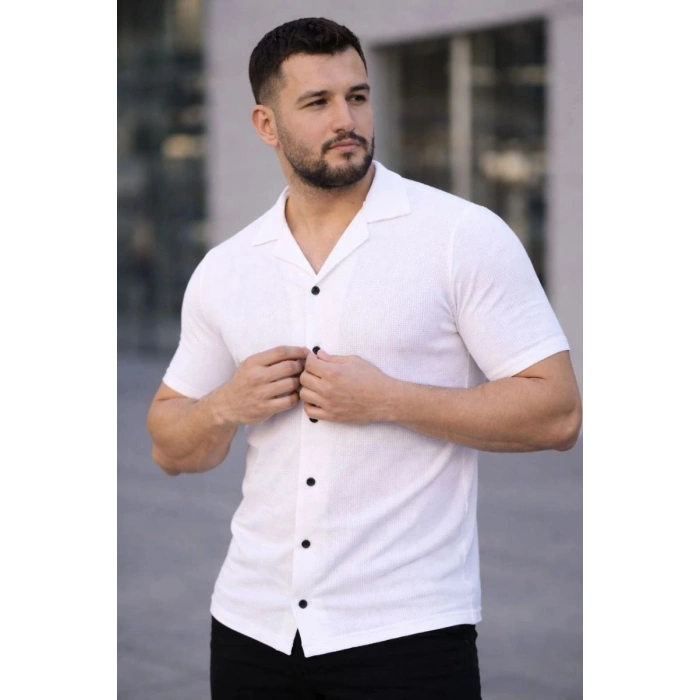 Erkek Waffle Kumaş Açık Yakalı Düğmeli Regular Fit Gömlek 2’li Set Siyah-Beyaz
