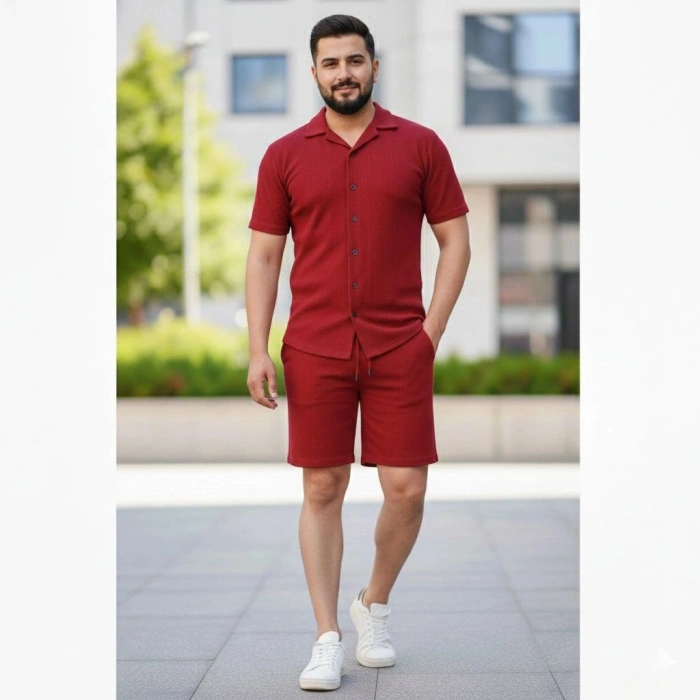 Erkek Waffle Kumaş Kısa Kol Gömlek Şort Takım Regular Yazlık İkili Set - Bordo