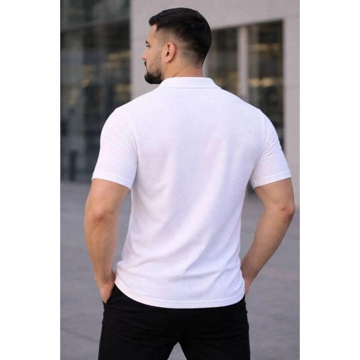Erkek Waffle Kumaş Kısa Kollu Düğmeli Açık Yaka Regular Fit Gömlek - Beyaz