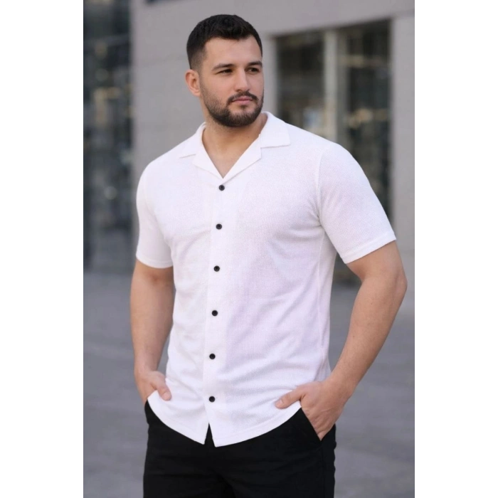 Erkek Waffle Kumaş Kısa Kollu Düğmeli Açık Yaka Regular Fit Gömlek - Beyaz