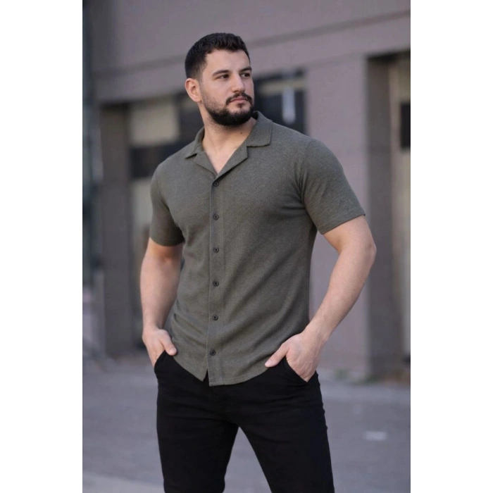 Erkek Waffle Kumaş Kısa Kollu Düğmeli Açık Yaka Regular Fit Gömlek - Haki