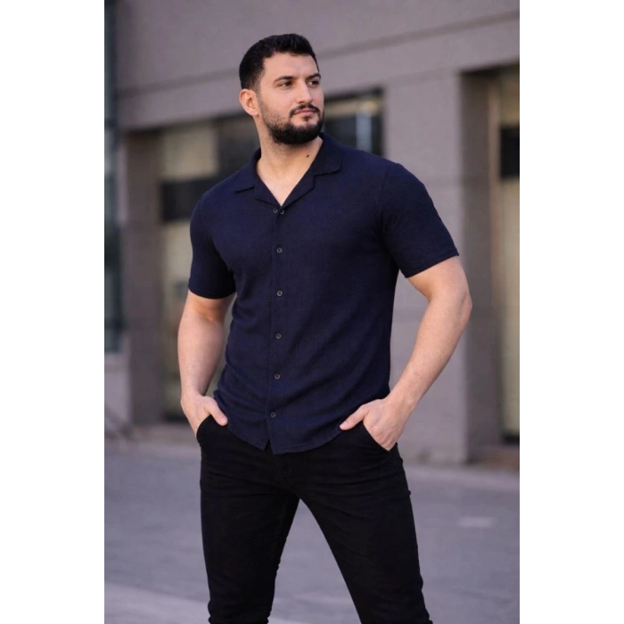 Erkek Waffle Kumaş Kısa Kollu Düğmeli Açık Yaka Regular Fit Gömlek - Lacivert