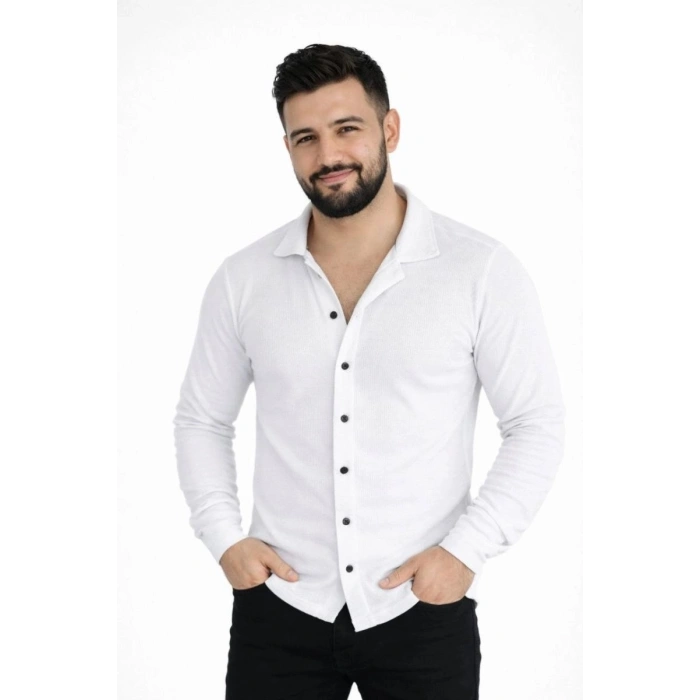 Erkek Waffle Kumaş Uzun Kollu Düğmeli Açık Yaka Regular Fit Gömlek - Beyaz
