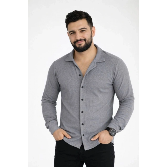 Erkek Waffle Kumaş Uzun Kollu Düğmeli Açık Yaka Regular Fit Gömlek - Füme