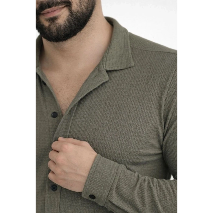 Erkek Waffle Kumaş Uzun Kollu Düğmeli Açık Yaka Regular Fit Gömlek - Haki