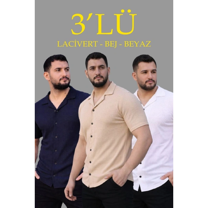 Erkek Waffle Kumaş Yakalı Kısa Kol Düğmeli Gömlek 3’lü Set Bej-Beyaz-Lacivert