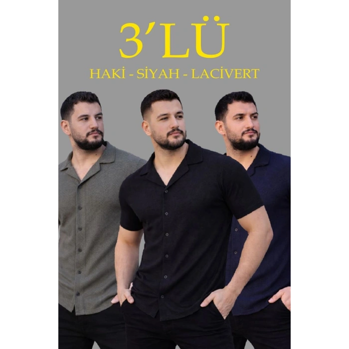Erkek Waffle Kumaş Yakalı Kısa Kol Düğmeli Gömlek 3’lü Set Siyah-Haki-Lacivert