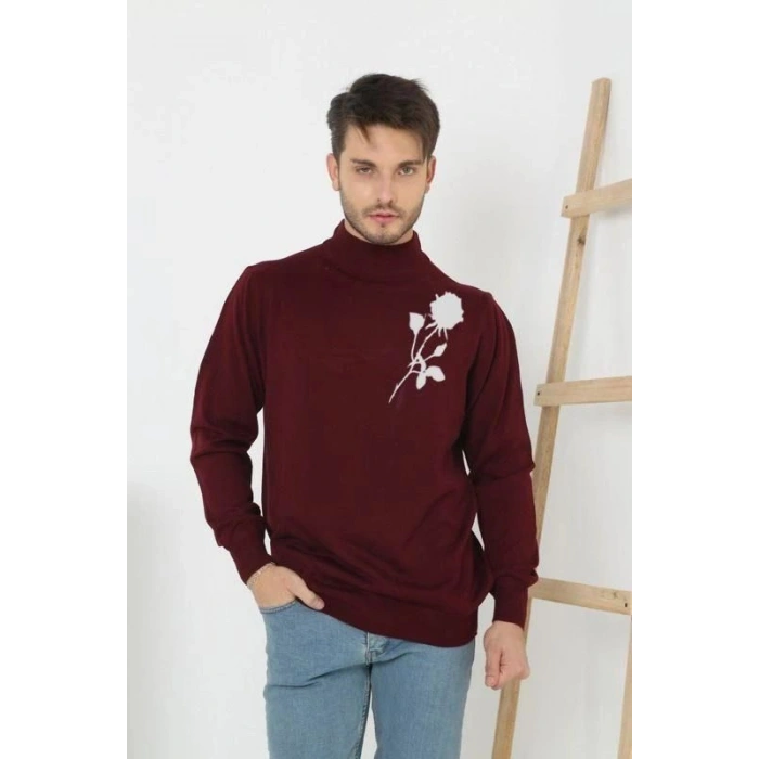 Erkek Yarım Bağazlı Kazak Baskılı Dokuma Triko - Bordo