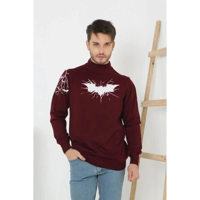 Erkek Yarım Bağazlı Kazak Baskılı Dokuma Triko - Bordo