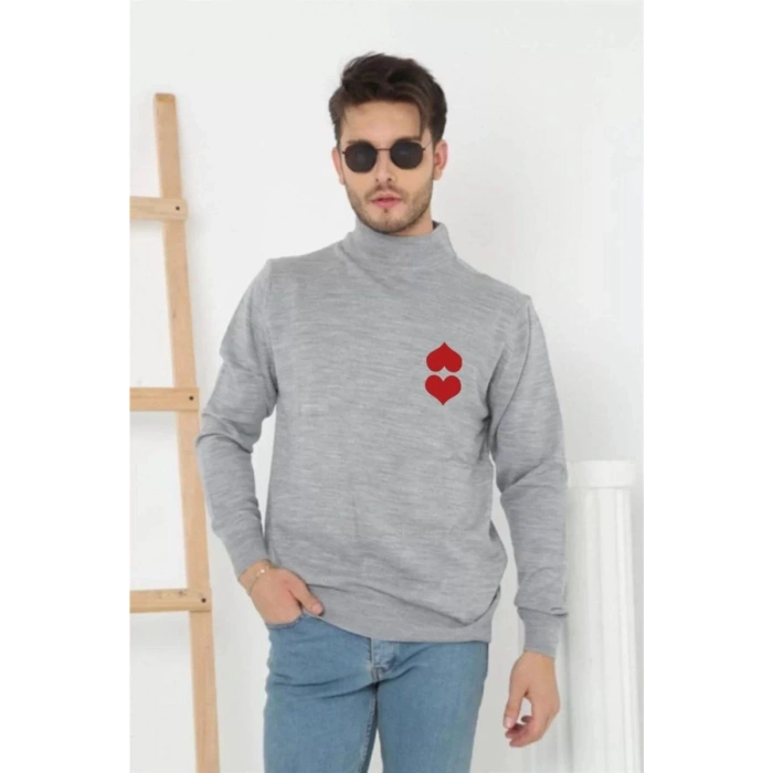Erkek Yarım Bağazlı Kazak Baskılı Dokuma Triko - Gri