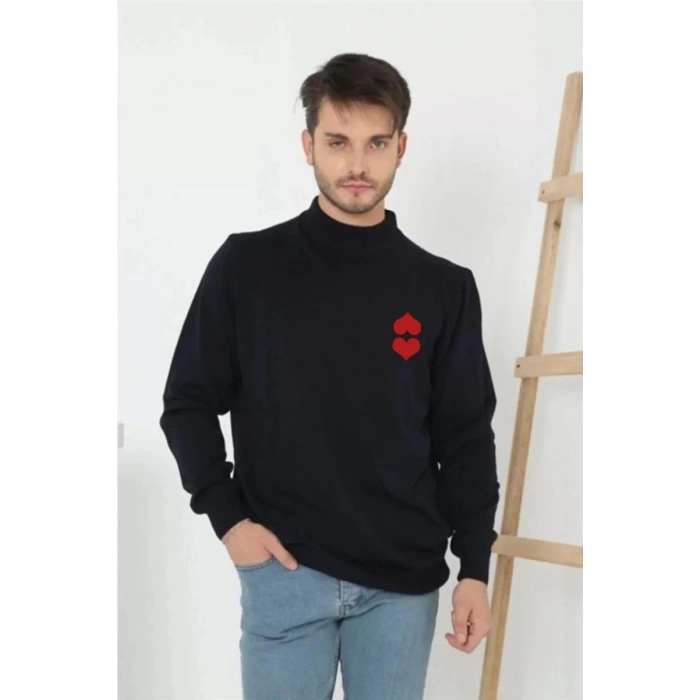 Erkek Yarım Bağazlı Kazak Baskılı Dokuma Triko - Lacivert