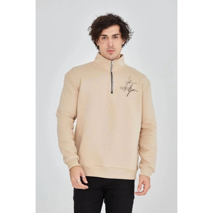 Erkek Yarım Fermuarlı Baskılı 3 iplik pamuklu sweatshirt - Bej