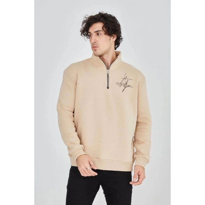 Erkek Yarım Fermuarlı Baskılı 3 iplik pamuklu sweatshirt - Bej
