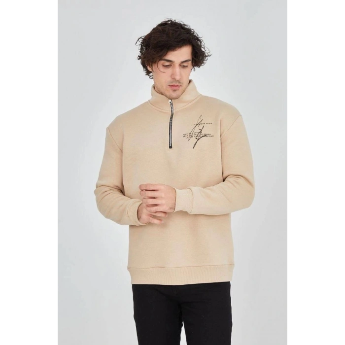 Erkek Yarım Fermuarlı Baskılı 3 iplik pamuklu sweatshirt - Bej