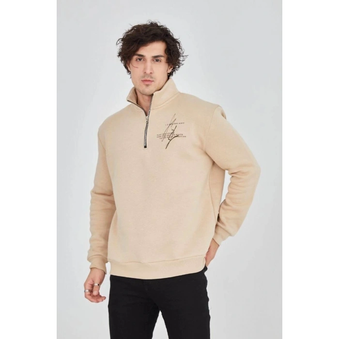Erkek Yarım Fermuarlı Baskılı 3 iplik pamuklu sweatshirt - Bej