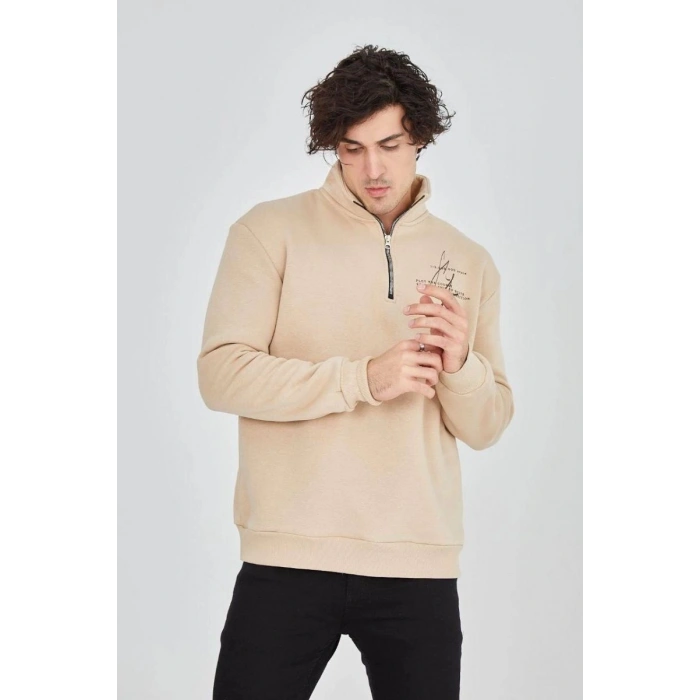 Erkek Yarım Fermuarlı Baskılı 3 iplik pamuklu sweatshirt - Bej