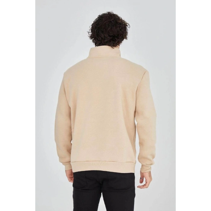 Erkek Yarım Fermuarlı Baskılı 3 iplik pamuklu sweatshirt - Bej