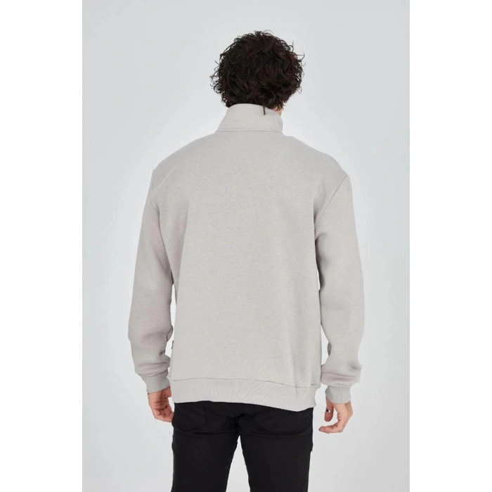 Erkek Yarım Fermuarlı Baskılı 3 iplik pamuklu sweatshirt - Boyalı Gri