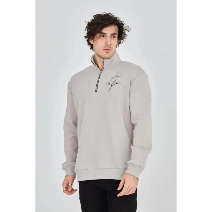 Erkek Yarım Fermuarlı Baskılı 3 iplik pamuklu sweatshirt - Boyalı Gri