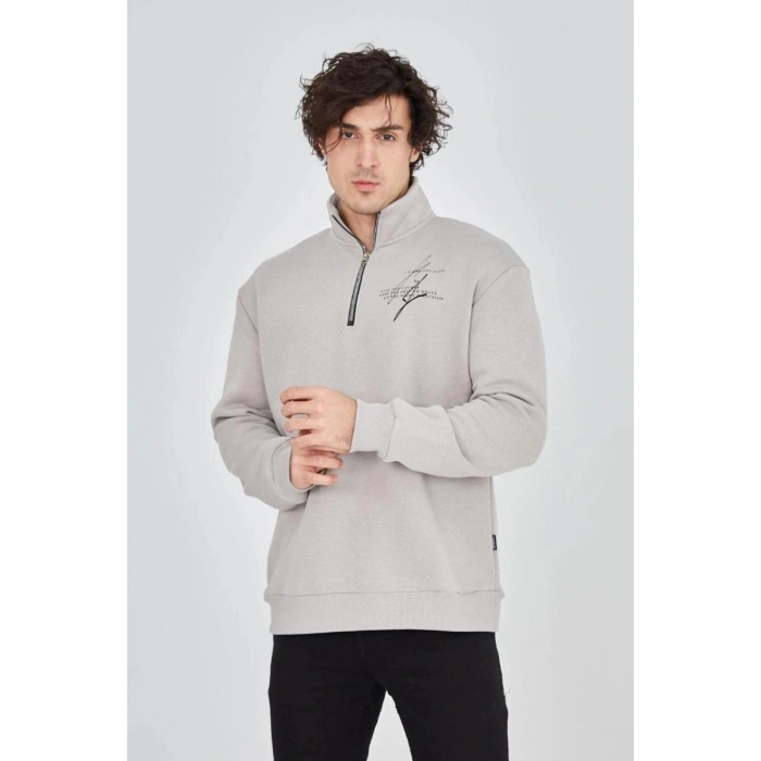 Erkek Yarım Fermuarlı Baskılı 3 iplik pamuklu sweatshirt - Boyalı Gri