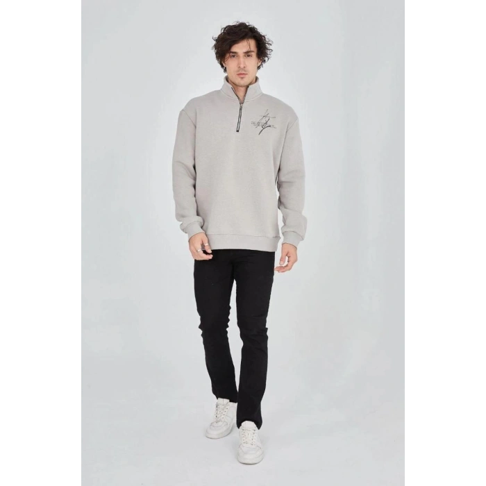 Erkek Yarım Fermuarlı Baskılı 3 iplik pamuklu sweatshirt - Boyalı Gri