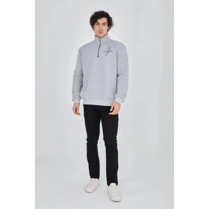 Erkek Yarım Fermuarlı Baskılı 3 iplik pamuklu sweatshirt - Gri