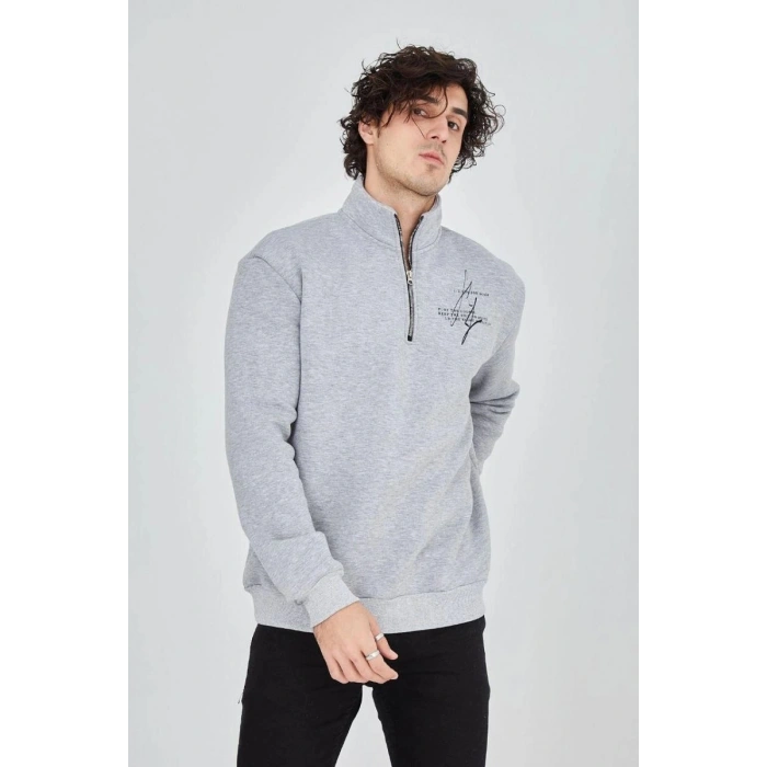 Erkek Yarım Fermuarlı Baskılı 3 iplik pamuklu sweatshirt - Gri