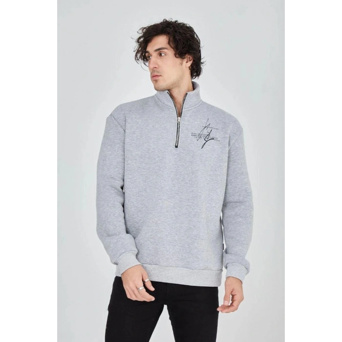 Erkek Yarım Fermuarlı Baskılı 3 iplik pamuklu sweatshirt - Gri