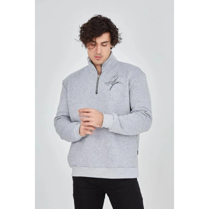 Erkek Yarım Fermuarlı Baskılı 3 iplik pamuklu sweatshirt - Gri