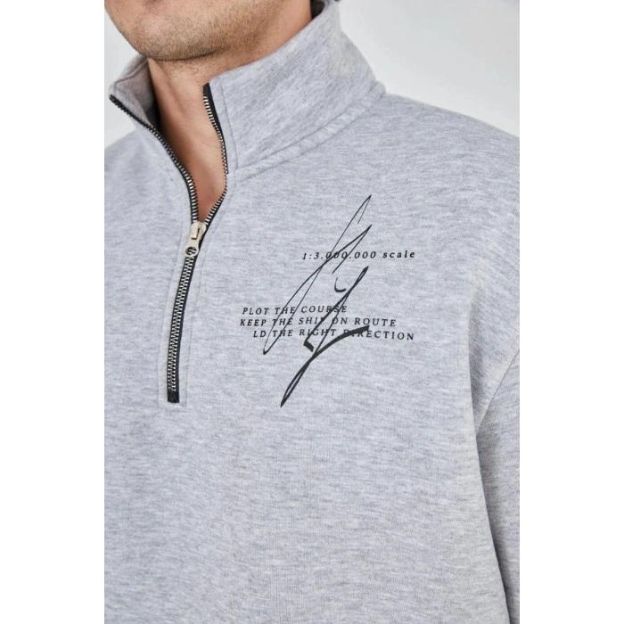 Erkek Yarım Fermuarlı Baskılı 3 iplik pamuklu sweatshirt - Gri