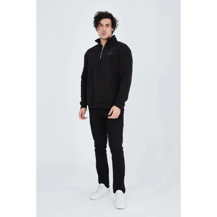 Erkek Yarım Fermuarlı Baskılı 3  iplik pamuklu sweatshirt - Siyah