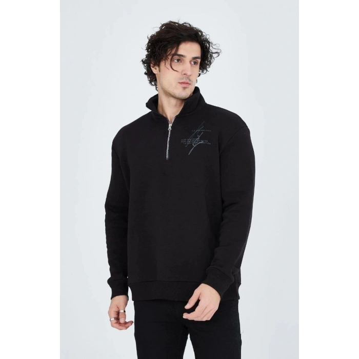 Erkek Yarım Fermuarlı Baskılı 3  iplik pamuklu sweatshirt - Siyah