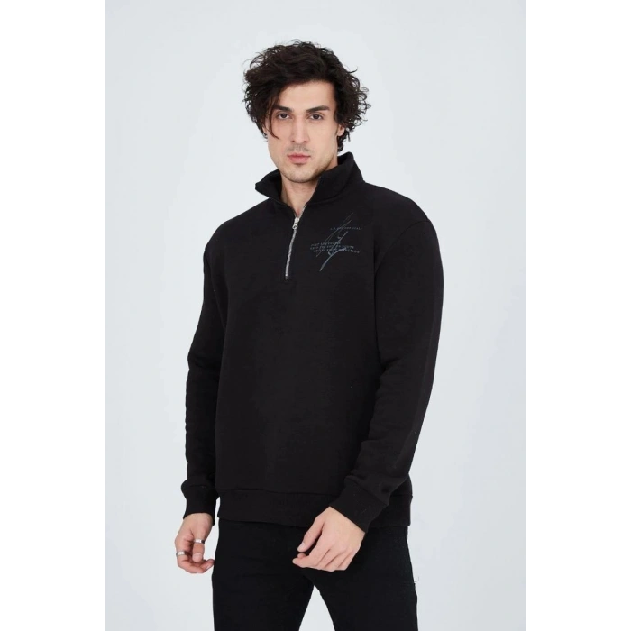 Erkek Yarım Fermuarlı Baskılı 3  iplik pamuklu sweatshirt - Siyah