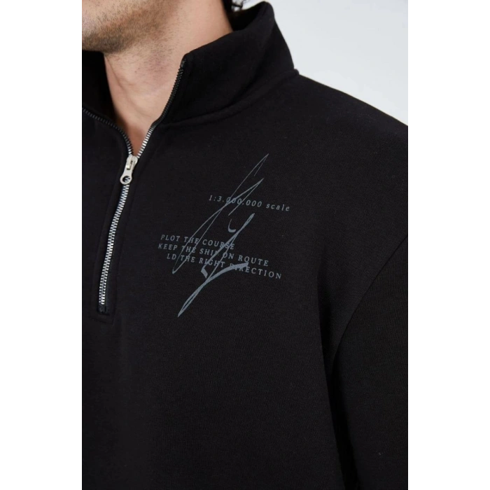 Erkek Yarım Fermuarlı Baskılı 3  iplik pamuklu sweatshirt - Siyah