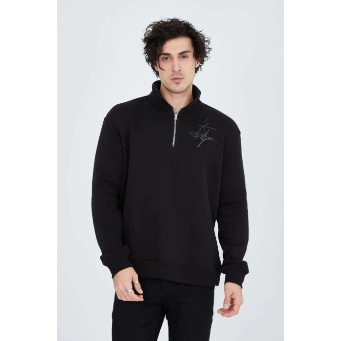 Erkek Yarım Fermuarlı Baskılı 3  iplik pamuklu sweatshirt - Siyah