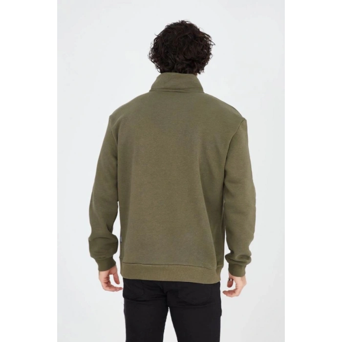 Erkek Yarım Fermuarlı Baskılı 3 iplik pamuklu sweatshirt - Yeşil