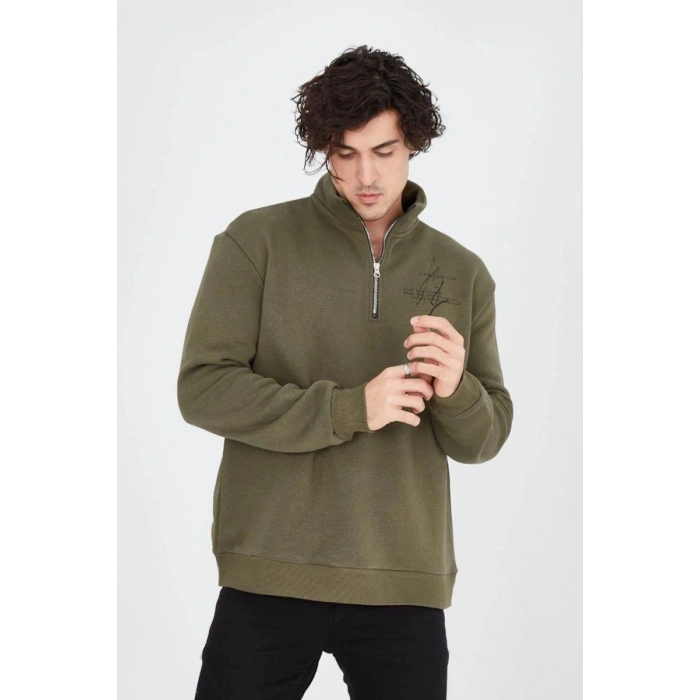 Erkek Yarım Fermuarlı Baskılı 3 iplik pamuklu sweatshirt - Yeşil