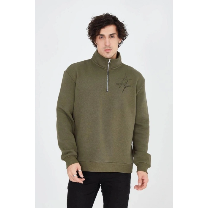 Erkek Yarım Fermuarlı Baskılı 3 iplik pamuklu sweatshirt - Yeşil