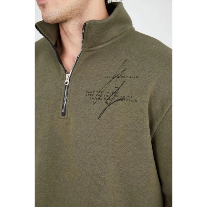 Erkek Yarım Fermuarlı Baskılı 3 iplik pamuklu sweatshirt - Yeşil
