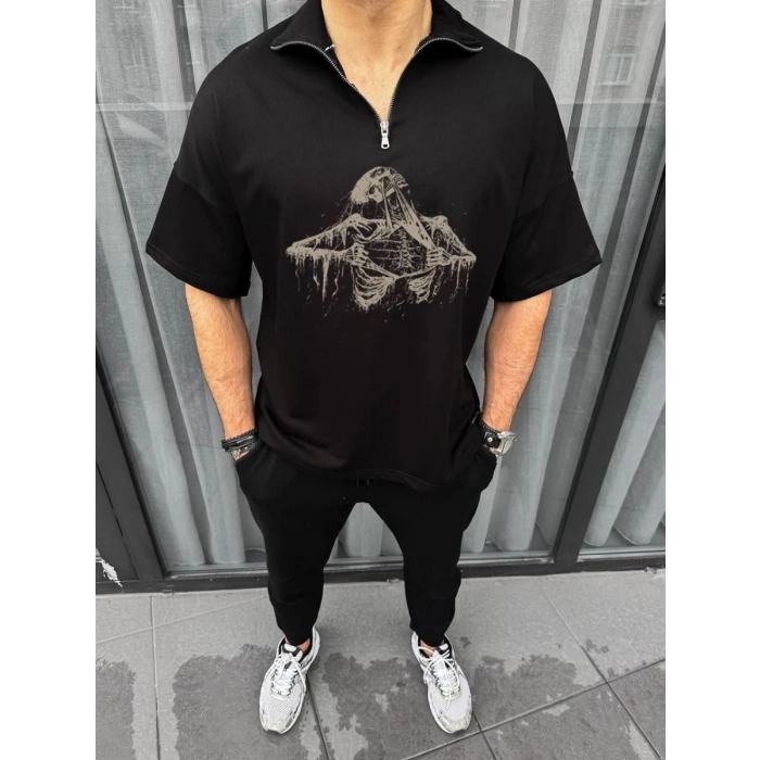 Erkek Yarım Fermuarlı Baskılı Oversize T-Shirt - Siyah