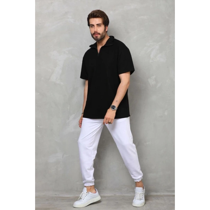 Erkek Yarım Fermuarlı Düz Oversize T-shirt - Siyah