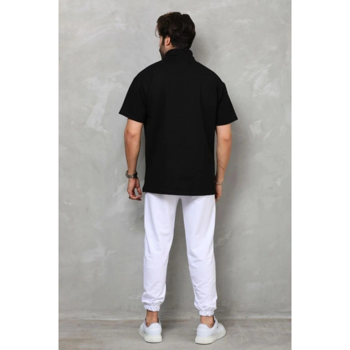Erkek Yarım Fermuarlı Düz Oversize T-shirt - Siyah