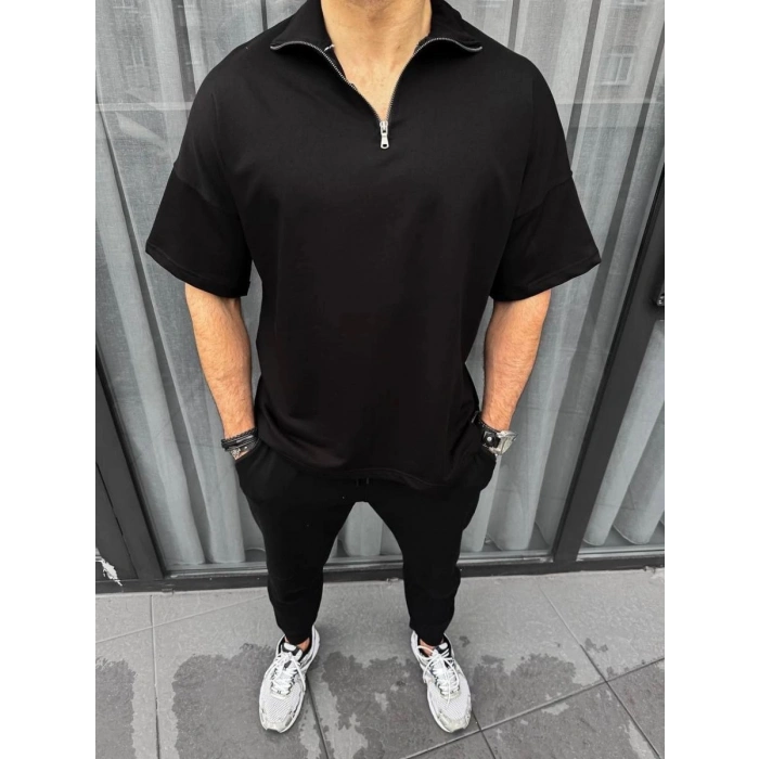 Erkek Yarım Fermuarlı Kısa kol T-Shirt - Siyah