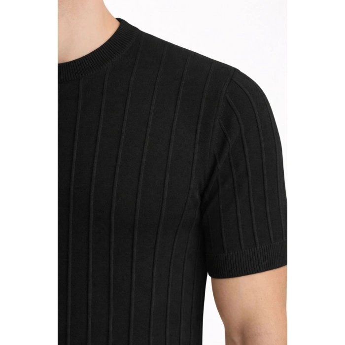 Erkek Yazlık Fitilli Triko Tişört Kısa Kol Bisiklet Yaka T-Shirt - Siyah