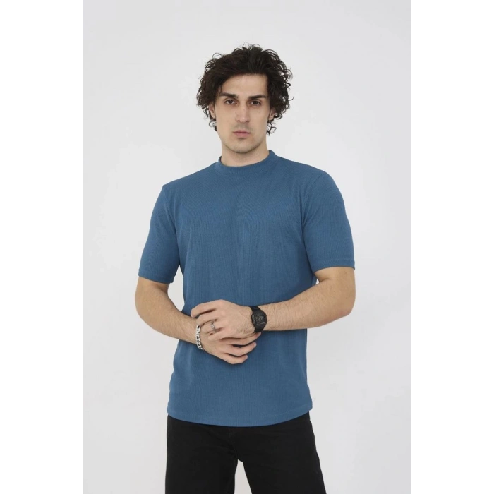 ERKEK Yazlık Tişört Bisiklet Yaka T-Shirt- Turkuaz