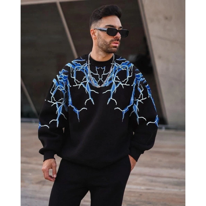 Erkek Yıldırım Baslılı Bisiklet Yaka 3 iplik pamuklu Sweatshirt - Siyah