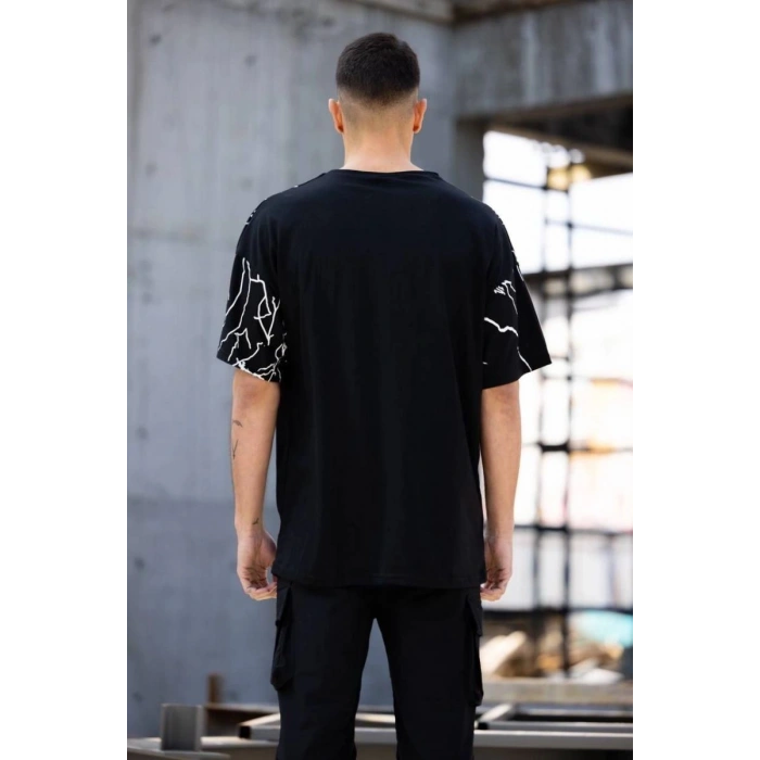 Erkek Yıldırım şimşek Baskılı T-Shirt Kısa Kol Bisiklet Yaka Tişört - Siyah