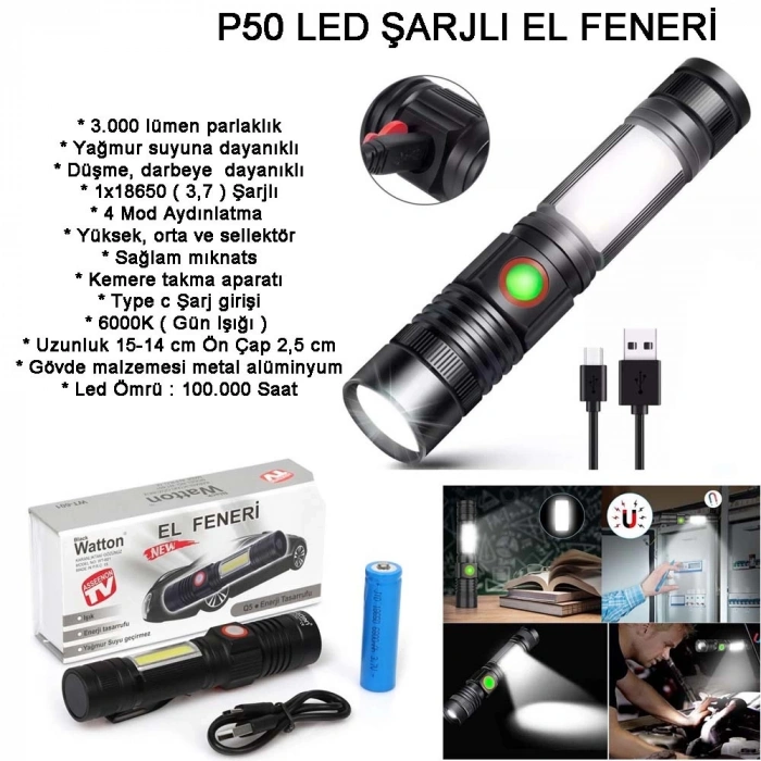 Geniş Açılı P50 Led Şarjlı El Feneri  Wt-601