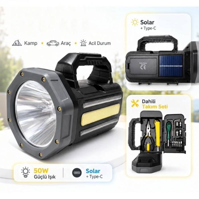 Gold  Gp-620 Solar Şarjlı 50 Watt Güçlü Kamp El Feneri Takım Çantalı