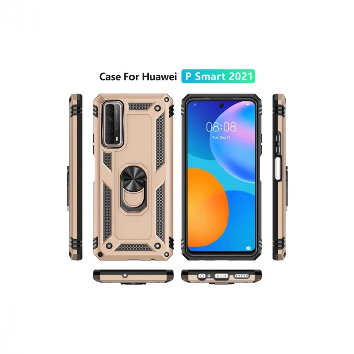 Huawei P Smart 2021 Kılıf Sofya Yüzüklü Silikon Kapak - Gold